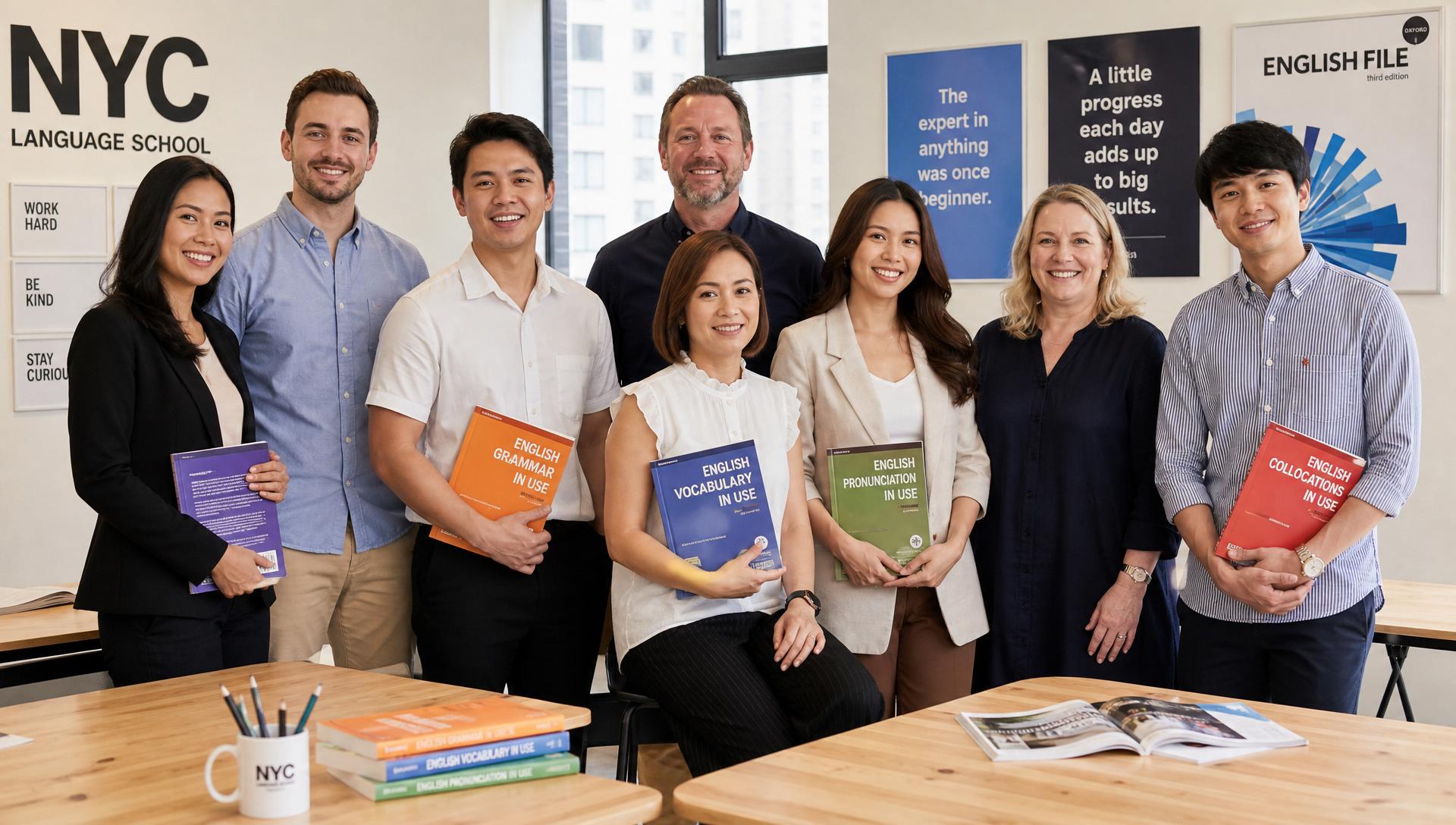 ทีมครู NYC Language School ทั้งเจ้าของภาษาและครูไทยยืนถ่ายรูปในห้องเรียนพร้อมหนังสือ Cambridge