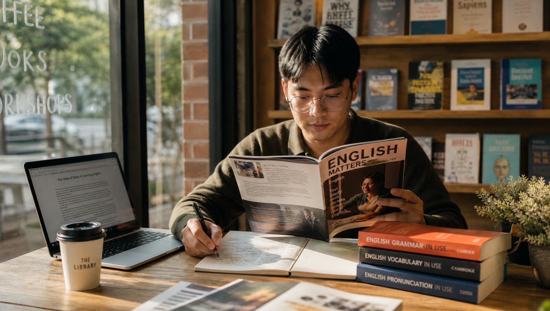 นักเรียนผู้ใหญ่ NYC Language School กำลังอ่านนิตยสารการเรียนภาษาอังกฤษและจดโน้ตในร้านหนังสือ-คาเฟ่ที่ขอนแก่น