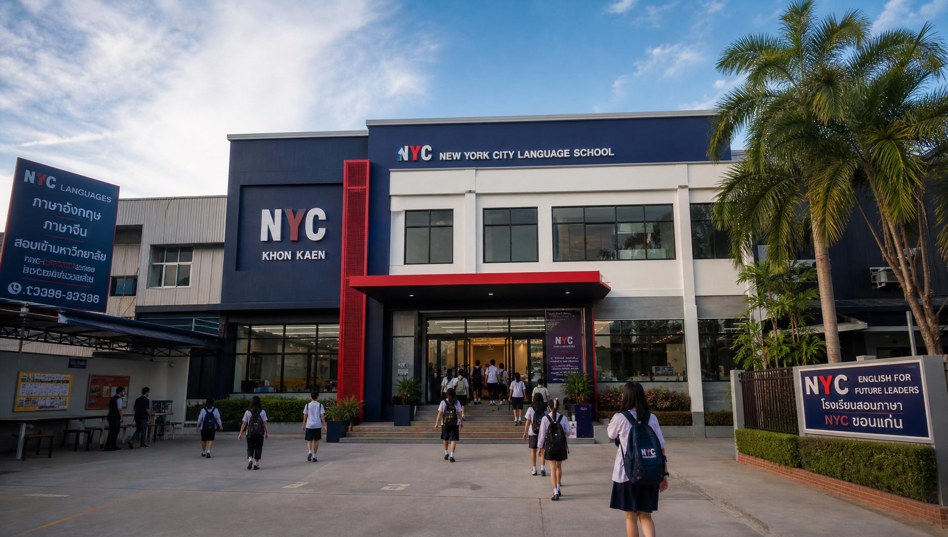 อาคาร NYC Language School สาขาขอนแก่นในบ่ายแดดอ่อน มีนักเรียนเดินเข้าตึก