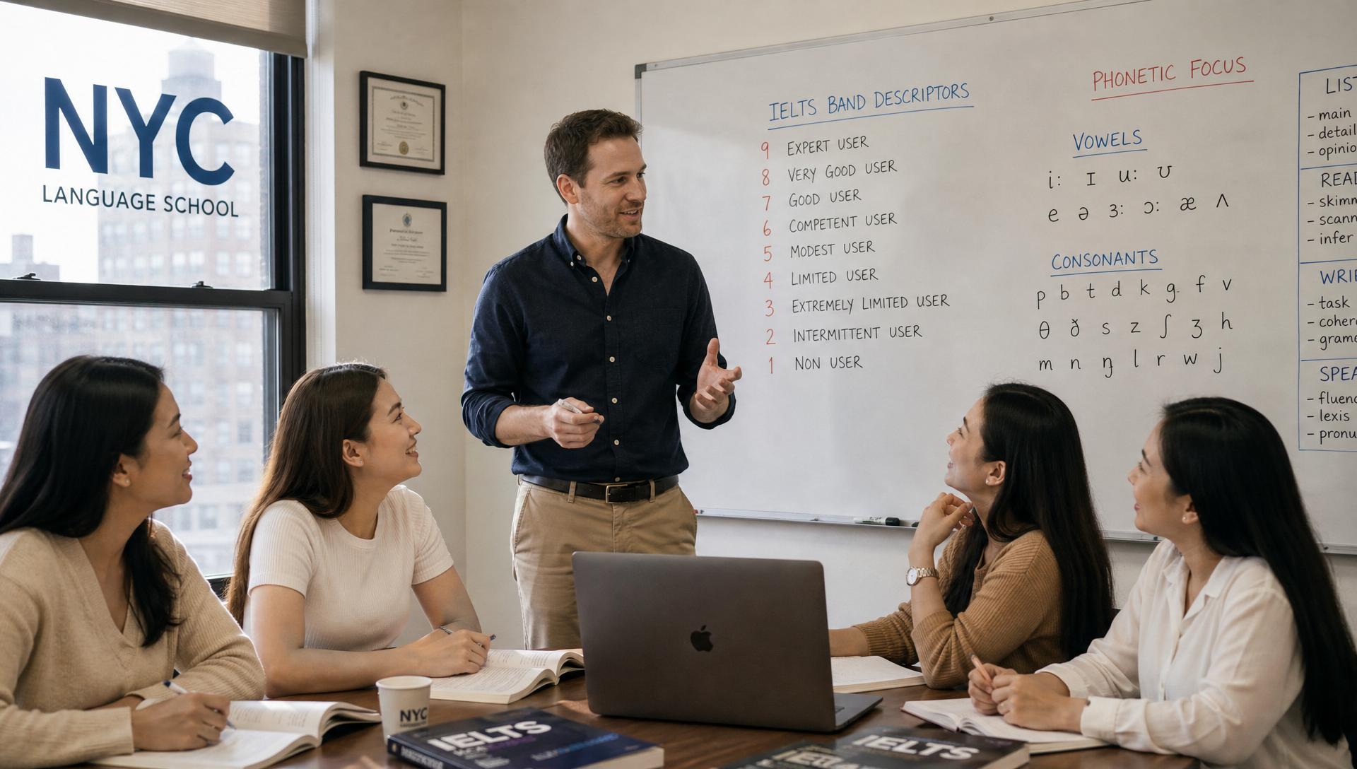 ครูเจ้าของภาษาสอน IELTS band descriptors กับกลุ่มนักเรียนไทยที่ห้องเรียน NYC Language School
